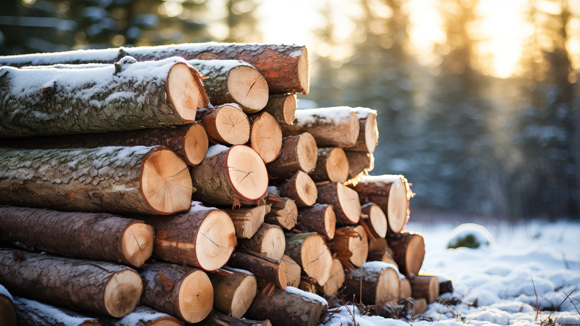felled timber logs outside in light snow